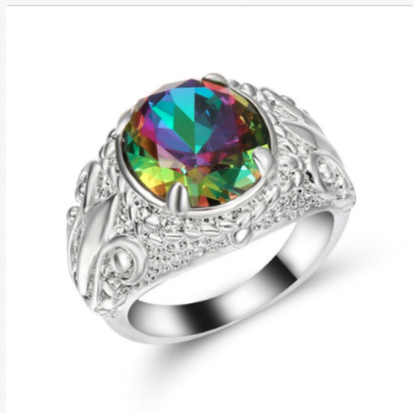 Jewelry - Mystic Rainbow Topaz 10KT Gold GF White Ring 8